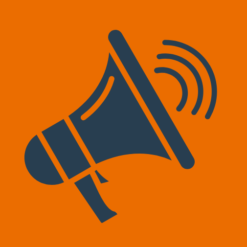 Icon image with an orange background. In the foreground is a blue megaphone icon with three curved lines next to the widest part of the megaphone indicating sound.